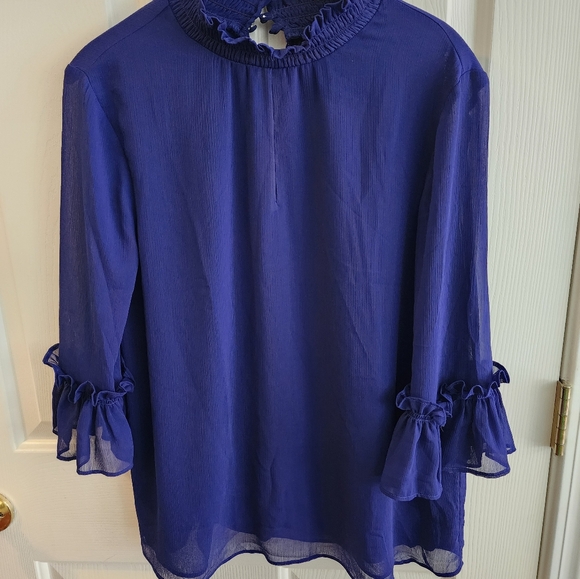 Ann Taylor factory royal blue 3/4 sleeve blouse, high neck, peek-a-boo, sz M - Picture 5 of 7